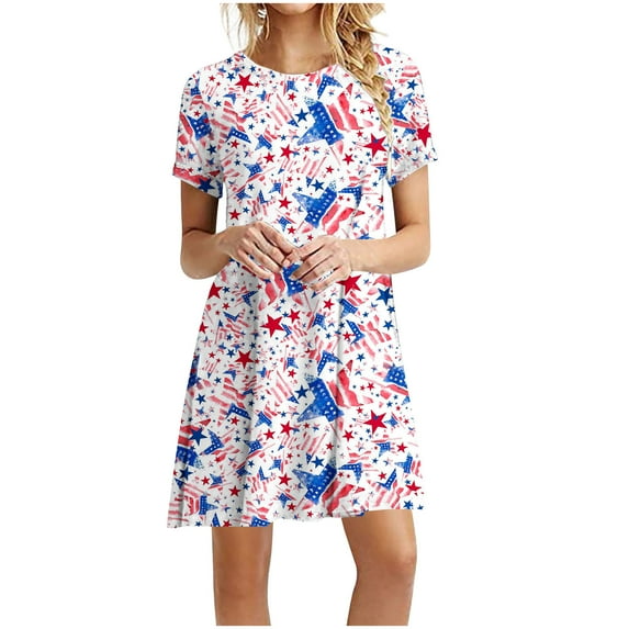 Dyegold Sundresses for Women Casual Beach - Holiday Dresses for Women Patriotic Round Neck Short Sleeve American Flag Midi Tunic Sundress Loose Flowy Swing Dress
