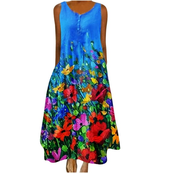 Dyegold Sundresses for Women Casual Beach - Maxi Casual Dresses for Women 2023 Round Neck Sleeveless Floral Pocket Vintage Loose Flowy Long Trendy Sundresses
