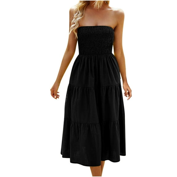 Dyegold Sundresses for Women Casual Beach - Maxi Dress for Women 2023 Strapless Smocked Backless Tiered Tube Bandeau A-Line Boho Cute Birthday Beach ​​Sundress