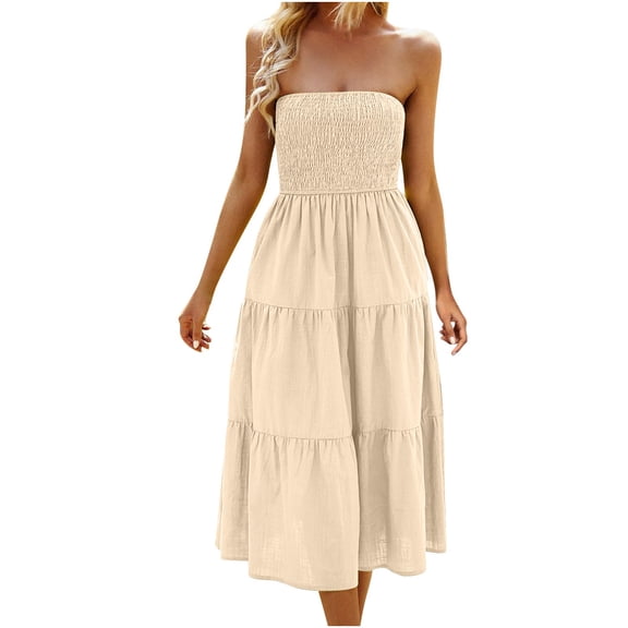 Dyegold Sundresses for Women Casual Beach - Maxi Dress for Women 2023 Strapless Smocked Backless Tiered Tube Bandeau A-Line Boho Cute Birthday Beach Sundress