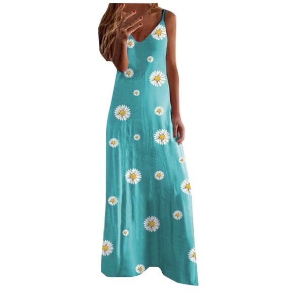 Dyegold Sundresses for Women Casual Beach - Maxi Plus Size Dress for Women V-Neck Sleeveless Daisy Print Sling Loose Flowy Long Summer 2023 Birthday ​​Sundress
