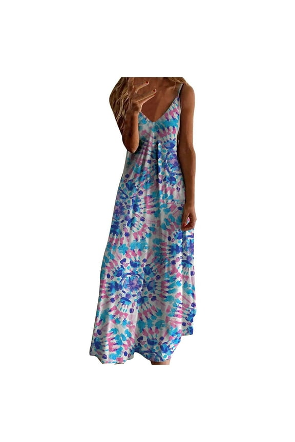 Dyegold Sundresses for Women Casual Beach - Maxi Shirt Dresses for Women V Neck Sleeveless Ethnic Tie Dye Sling Flowy Boho Casual Bridesmaid Holiday ​​Sun Dress