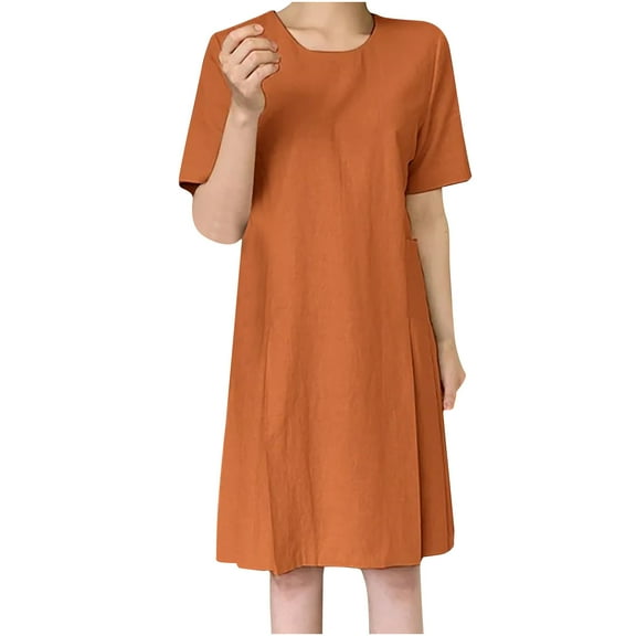 Dyegold Sundresses for Women Casual Beach - Midi Beach Dresses for Women Round Neck Short Sleeve Solid Linen Cotton Casual Boho Loose Party Vacation Sundress