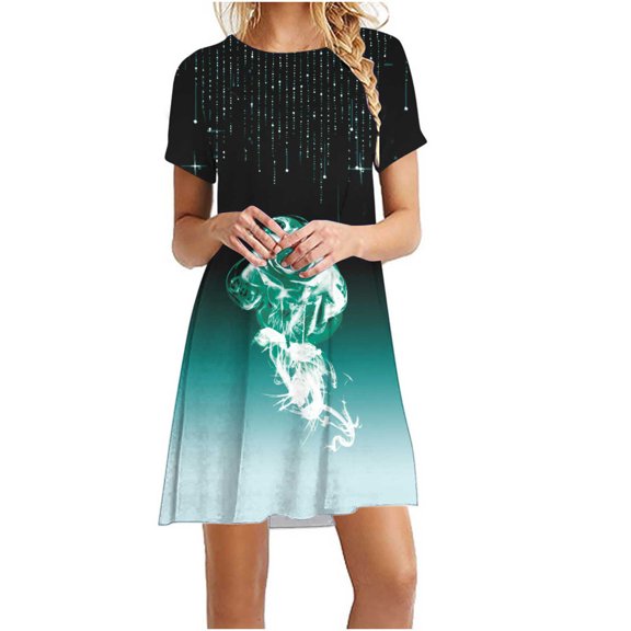 Dyegold Sundresses for Women Casual Beach - Midi Hawaiian Dresses for Women Round Neck Short Sleeve Floral Print Flared A-Line Swing Casual Tshirt ​​Sundresses