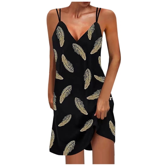 Dyegold Sundresses for Women Casual Beach - Midi Sun Dresses Women Summer Casual V-Neck Sleeveless Plus Size Feather Print Spaghetti Strap Party Prom Sundress