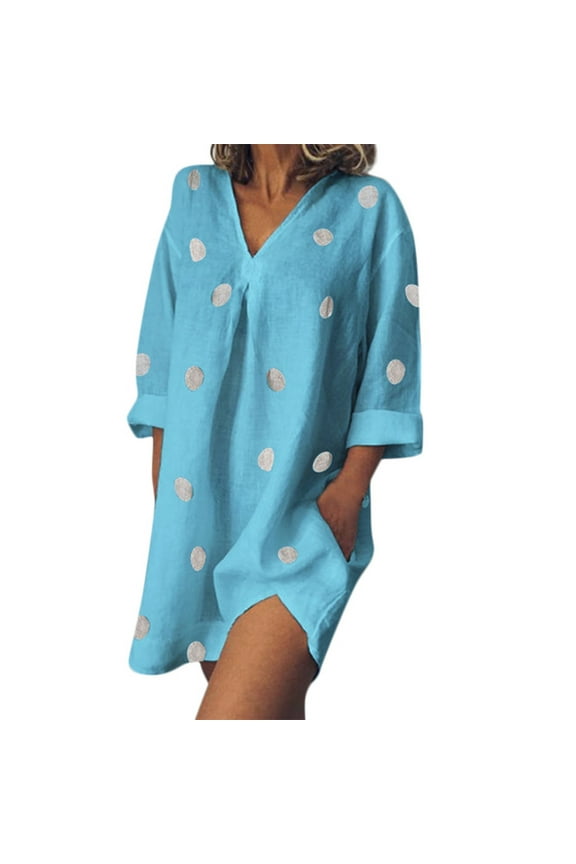 Dyegold Sundresses for Women Casual Beach - Midi T Shirt Dress Women V Neck Half Sleeve Plus Size Polka Dot Flowy Swing Loose Trendy Graduation ​​Sun Dresses