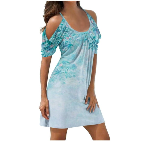 Dyegold Sundresses for Women Casual Beach - Mini Dresses for Women Cold Shoulder Short Sleeve Floral Printed Plus Size Casual Flowy Party Holiday Sun Dresses