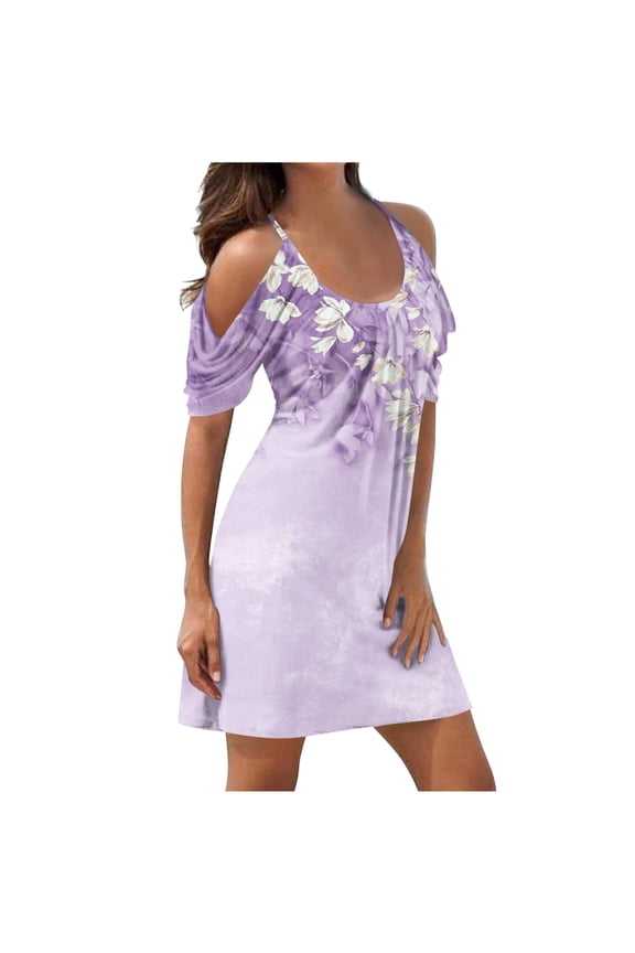 Dyegold Sundresses for Women Casual Beach - Mini Dresses for Women Cold Shoulder Short Sleeve Floral Printed Plus Size Casual Flowy Party Holiday Sun Dresses