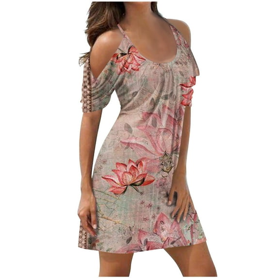 Dyegold Sundresses for Women Casual Beach - Mini Dresses for Women Cold Shoulder Short Sleeve Floral Printed Plus Size Casual Flowy Party Holiday Sun Dresses