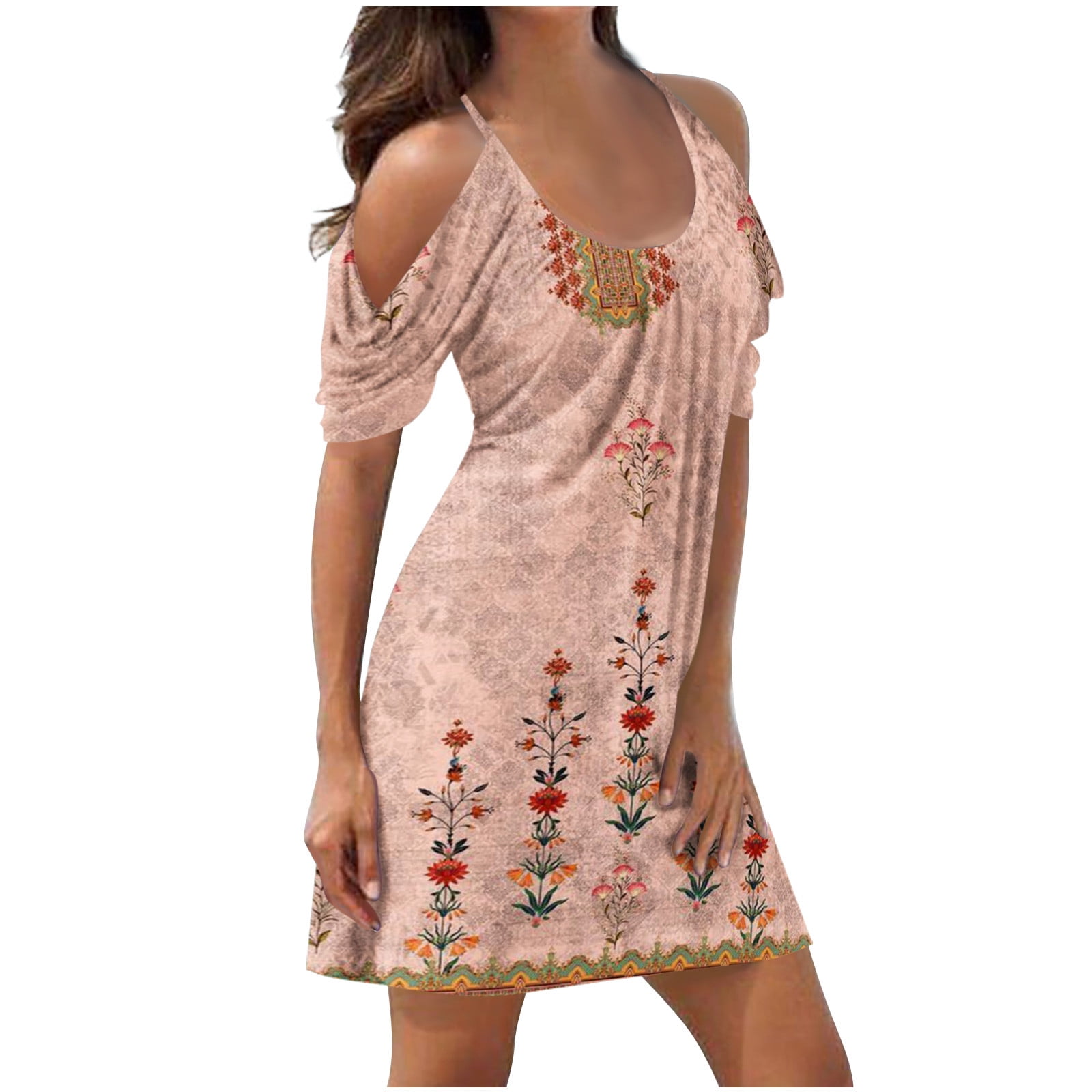 Dyegold Sundresses for Women Casual Beach - Mini Dresses for Women Cold  Shoulder Short Sleeve Floral Printed Plus Size Casual Flowy Party Holiday  ​​Sun Dresses