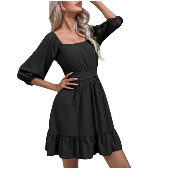 Dyegold Sundresses for Women Casual Beach - Party Dress for Women Square Neck Short Sleeve Ruffle Hem Solid Color Midi Sun Dress Summer Flowy Boho Prom Dresses