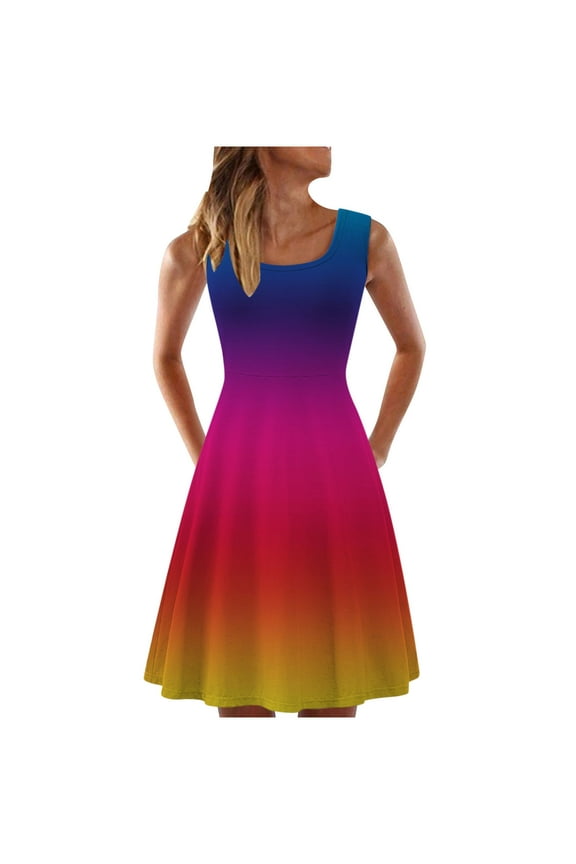 USSUMA Sun Dresses Women Summer Casual, Women's Sleeveless A Line Party Mini Dress Tie-Dye Gradient Rainbow Print Sundress Swing Summer Short Dress