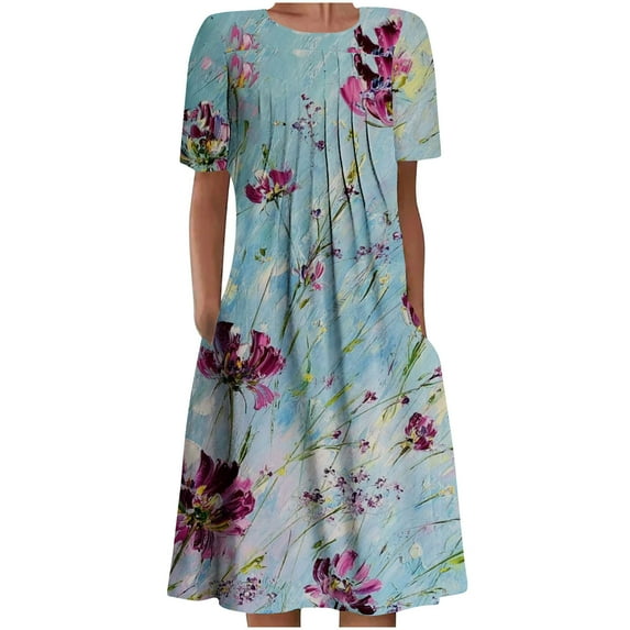 Dyegold Sundresses for Women Casual Beach - Plus Size Dress for Women Crewneck Short Sleeve Floral Print Pleated Front Maxi Sundresses Ruffle A Line Beach Dress