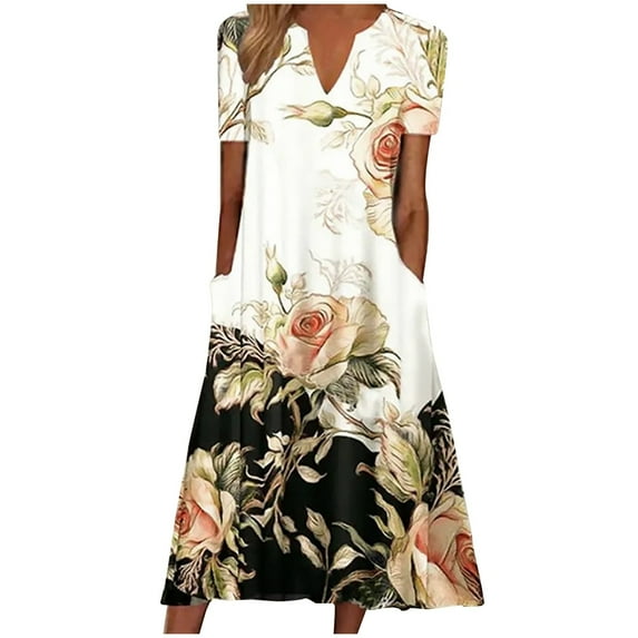 Dyegold Sundresses for Women Casual Beach - Plus Size Dress for Women Crewneck Short Sleeve Floral Print Pleated Front Maxi Sundresses Ruffle A Line Beach Dress