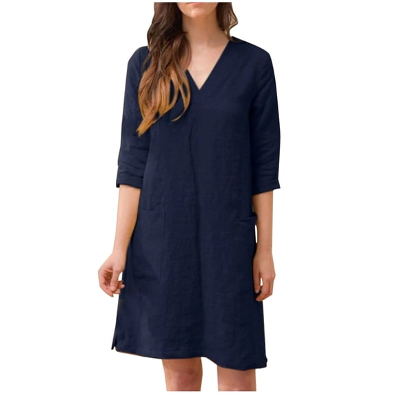 Dyegold Sundresses for Women Casual Beach - Plus Size Dress for Women V Neck Short Sleeve Cotton Linen Solid Color Midi Sundress Casual Loose Summer Beach Dress