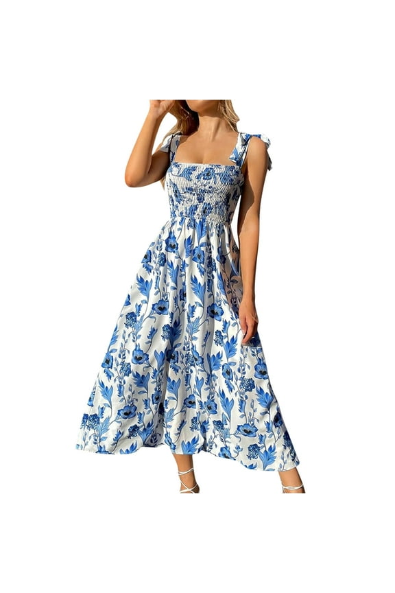 Dyegold Sundresses for Women Casual Beach - Plus Size Dress Womens Square Neck Sleeveless High Waist Pleated Maxi Sundresses ​A-Line Flowy Swing ​Graduation ​Dress