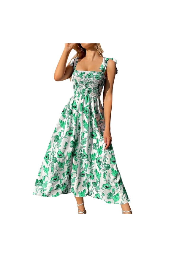 Dyegold Sundresses for Women Casual Beach - Plus Size Dress Womens Square Neck Sleeveless High Waist Pleated Maxi Sundresses A-Line Flowy Swing Graduation Dress