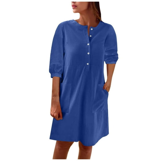 Dyegold Sundresses for Women Casual Beach - Plus Size Summer Cotton Linen Dresses Womens Button Down V Neck Short Sleeve Short Mini Sun Dress Loose Beach Dress