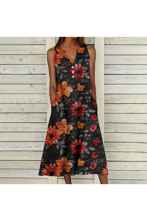 Dyegold Sundresses for Women Casual Beach - Plus Size Summer Dresses V Neck Sleeveless Pocket Floral Print Maxi Long Sundress Flowy Swing Loose Beach Dresses