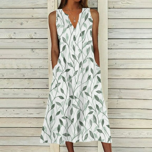 Dyegold Sundresses for Women Casual Beach - Plus Size Summer Dresses V Neck Sleeveless Pocket Floral Print Maxi Long Sundress ​Flowy Swing Loose ​Beach ​Dresses