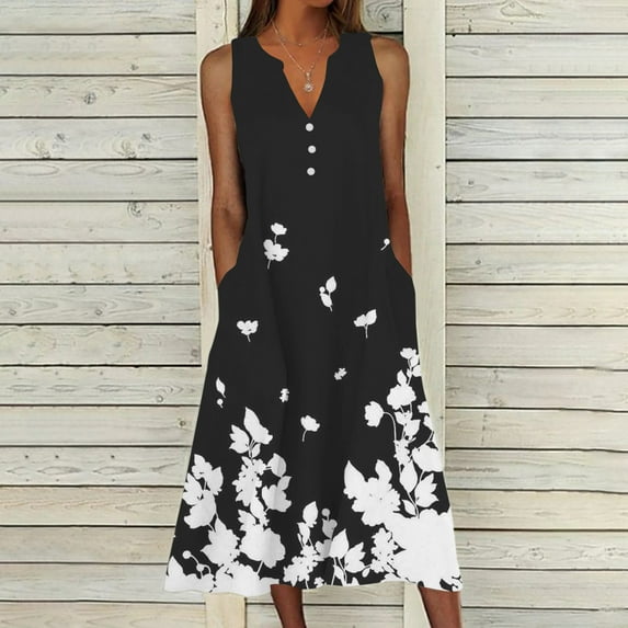 Dyegold Sundresses for Women Casual Beach - Plus Size Summer Dresses V Neck Sleeveless Pocket Floral Print Maxi Long Sundress Flowy Swing Loose Beach Dresses