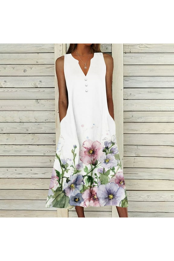 Dyegold Sundresses for Women Casual Beach - Plus Size Summer Dresses V Neck Sleeveless Pocket Floral Print Maxi Long Sundress Flowy Swing Loose Beach Dresses