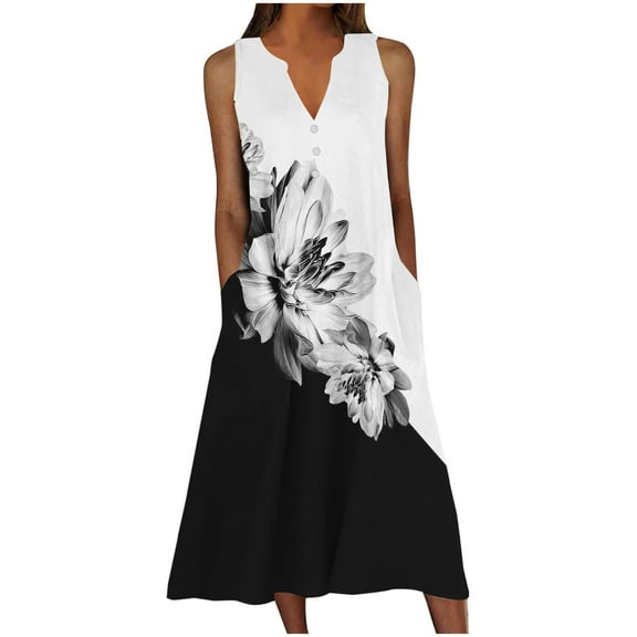 Dyegold Sundresses for Women Casual Beach - Plus Size Summer Dresses V Neck Sleeveless Pocket Floral Print Maxi Long Sundress ​Flowy Swing Loose ​Beach ​Dresses