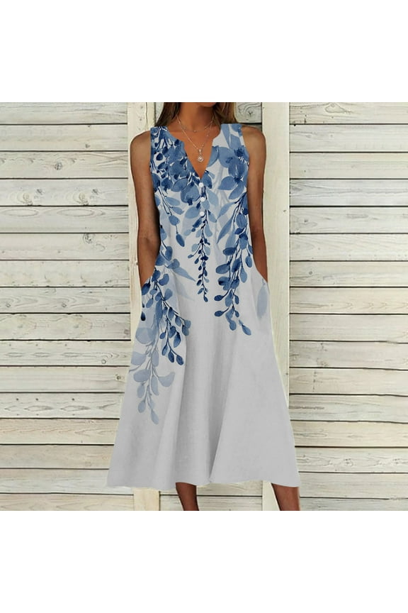 Dyegold Sundresses for Women Casual Beach - Plus Size Summer Dresses V Neck Sleeveless Pocket Floral Print Maxi Long Sundress ​Flowy Swing Loose ​Beach ​Dresses