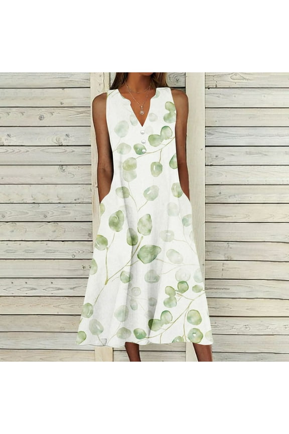 Dyegold Sundresses for Women Casual Beach - Plus Size Summer Dresses V Neck Sleeveless Pocket Floral Print Maxi Long Sundress Flowy Swing Loose Beach Dresses
