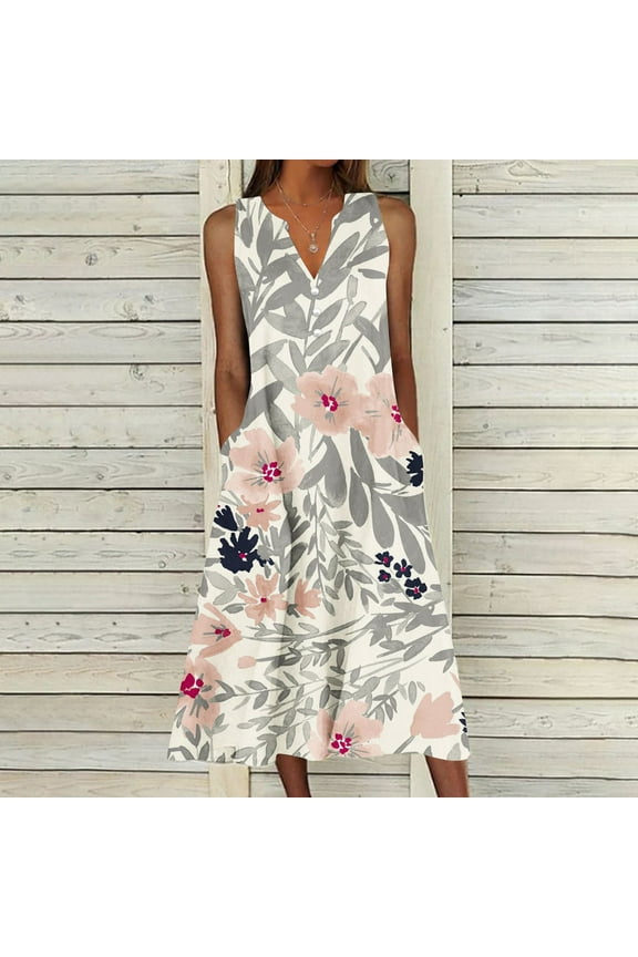Dyegold Sundresses for Women Casual Beach - Plus Size Summer Dresses V Neck Sleeveless Pocket Floral Print Maxi Long Sundress ​Flowy Swing Loose ​Beach ​Dresses