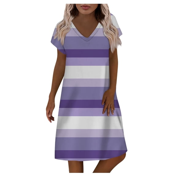 Dyegold Sundresses for Women Casual Beach - Shirt Dress for Women V Neck Short Sleeve Striped Midi Tshirt Sun Dresses Plus Size Casual Flowy Vacation Dresses