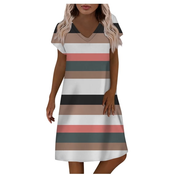 Dyegold Sundresses for Women Casual Beach - Shirt Dress for Women V Neck Short Sleeve Striped Midi Tshirt Sun Dresses ​Plus Size Casual Flowy ​Vacation ​Dresses
