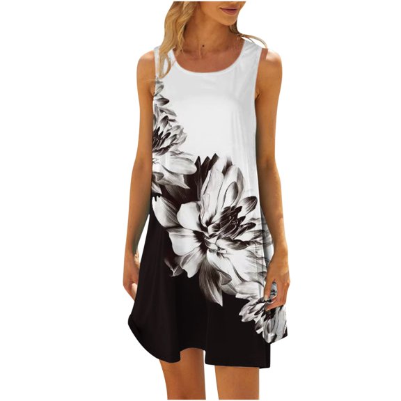 Dyegold Sundresses for Women Casual Beach - Summer Dresses Womens Round Neck Sleeveless Floral Print Shirt Mini Sun Dresses ​Hawaiian Beach ​Holiday ​Short Dresses