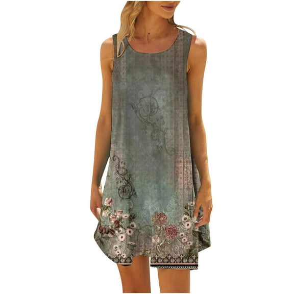 Dyegold Sundresses for Women Casual Beach - Summer Dresses Womens Round Neck Sleeveless Floral Print Shirt Mini Sun Dresses Hawaiian Beach Holiday Short Dresses