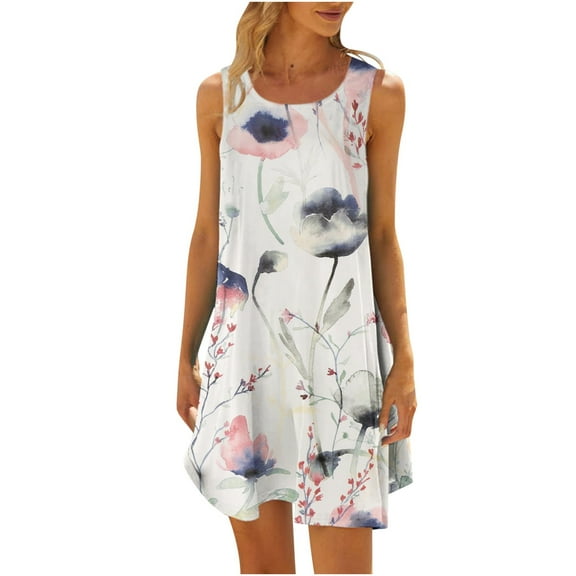 Dyegold Sundresses for Women Casual Beach - Summer Dresses Womens Round Neck Sleeveless Floral Print Shirt Mini Sun Dresses ​Hawaiian Beach ​Holiday ​Short Dresses