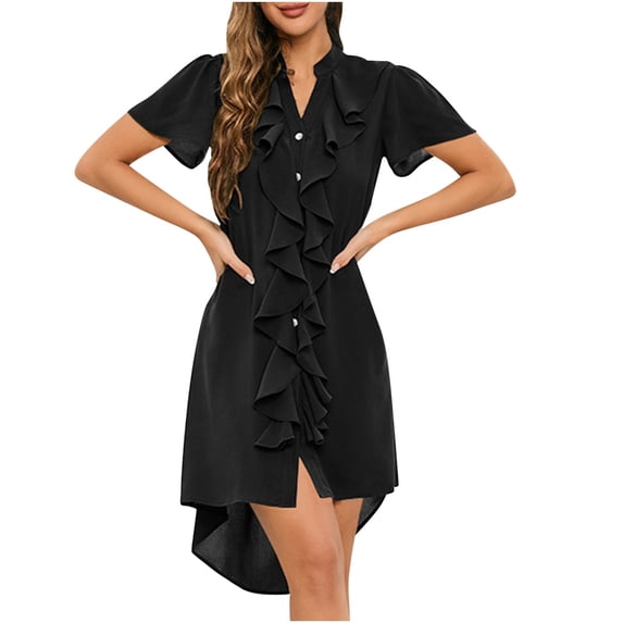 Dyegold Sundresses for Women Casual Beach - Sun Dresses Women Summer Casual Ruffle V Neck Short Sleeve Solid Midi T-Shirt Sundress Hawaiian Beach Holiday Dress