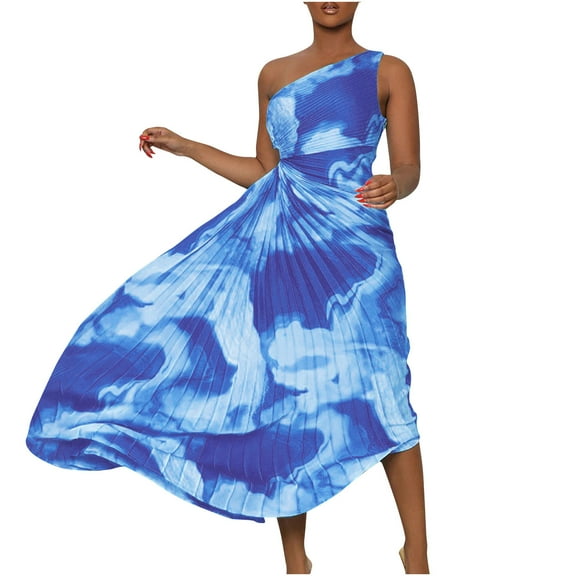 Dyegold Sundresses for Women Casual Beach - Sundress Womens One Shoulder Sleeveless Tie Dye Pleated Maxi Sun Dresses ​A-Line Bohemian ​Graduation ​Party Dresses
