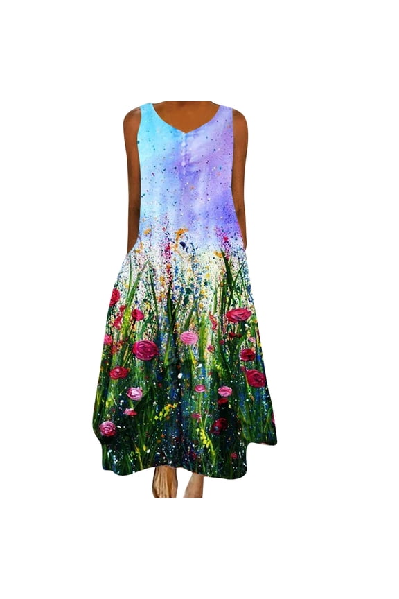USSUMA Boho Dress for Women, Women's Casual Loose Sundress Long Dress Sleeveless Dandelion Print Maxi Dresses Summer Beach Dress with Pockets