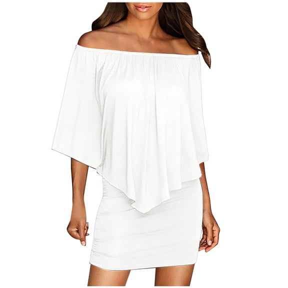 Dyegold Sundresses for Women Casual Beach - Sundresses for Women Off Shoulder Short Sleeve Batwing Cape Slim Fit Mini Sundresses ​Bodycon ​Wedding Guest ​Dress