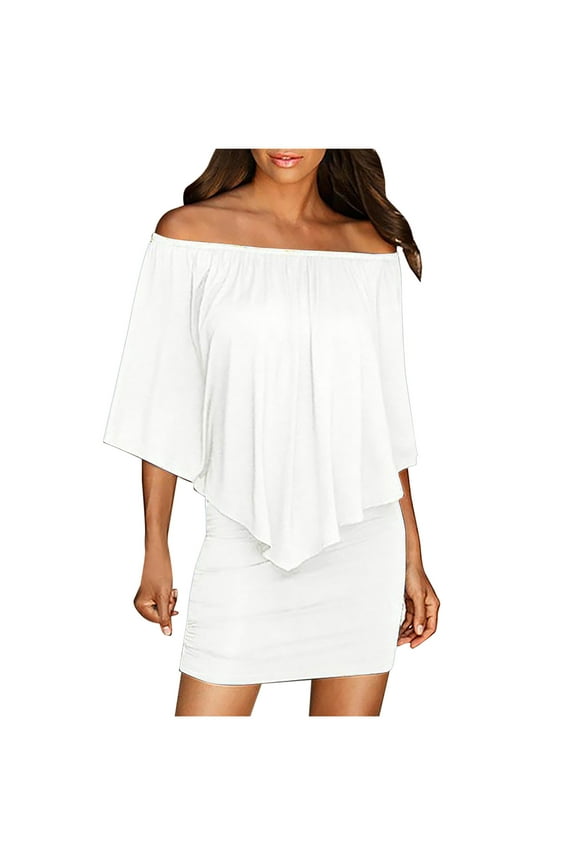 Dyegold Sundresses for Women Casual Beach - Sundresses for Women Off Shoulder Short Sleeve Batwing Cape Slim Fit Mini Sundresses Bodycon Wedding Guest Dress