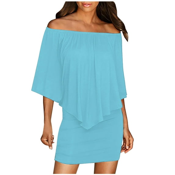 Dyegold Sundresses for Women Casual Beach - Sundresses for Women Off Shoulder Short Sleeve Batwing Cape Slim Fit Mini Sundresses Bodycon Wedding Guest Dress
