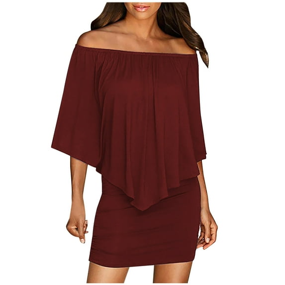 Dyegold Sundresses for Women Casual Beach - Sundresses for Women Off Shoulder Short Sleeve Batwing Cape Slim Fit Mini Sundresses Bodycon Wedding Guest Dress