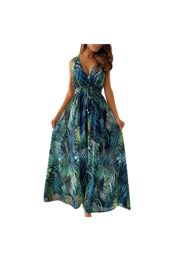 Dyegold Sundresses for Women Casual Beach - Sundresses for Women V Neck Sleeveless Bohemian Floral High Waist Maxi Sundress ​Casual Loose Sling Long ​Beach ​Dress