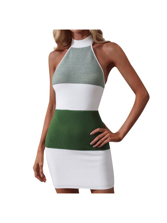 Dyegold Sundresses for Women Casual Beach - Vintage Dress for Women Halter Neck Sleeveless Knitted Color Block Slim Fit Mini Sun Dress Sexy Tight Party Dresses