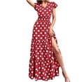 thumbnail image 1 of Dyegold Sundresses for Women Casual Beach - Wedding Guest Dresses for Women V Neck Short Sleeve Polka Dot High Split Maxi Sundresses ​A-Line Flowy Swing ​​Dress, 1 of 7