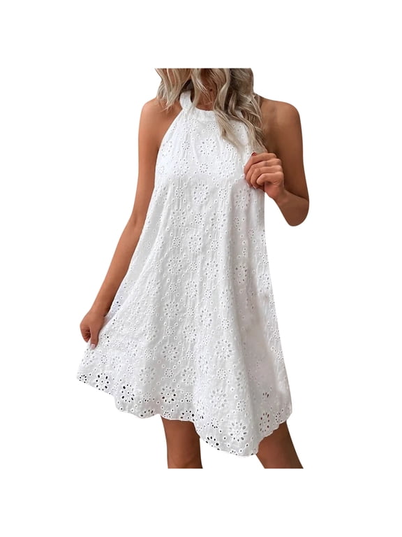 Dyegold Sundresses for Women Casual Beach - Women Casual Dresses Halter Neck Sleeveless Plus Size Embroidery Keyhole Back Boho Ruffle Beach Midi Sun Dresses