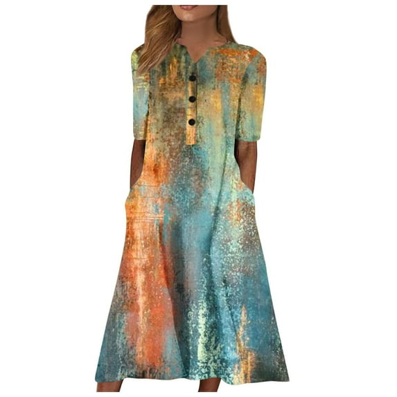 Dyegold Sundresses for Women Casual Beach - Women Casual Long Dresses V-Neck Short Sleeve Floral Print Button Up Maxi Sun Dresses Loose Flowy Birthday Dresses