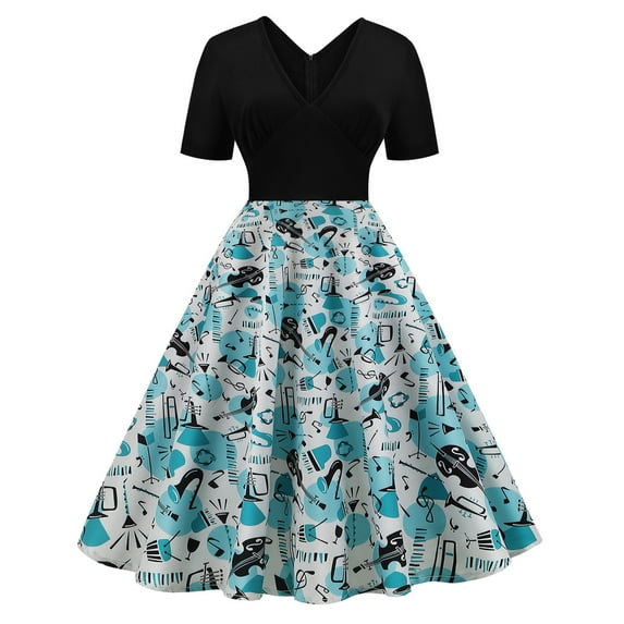 Dyegold Sundresses for Women Casual Beach - Women Dress V-Neck Short Sleeve 1950s Vintage Rockabilly Midi Sun Dress ​Audrey Hepburn Style ​Birthday ​Party Dresses