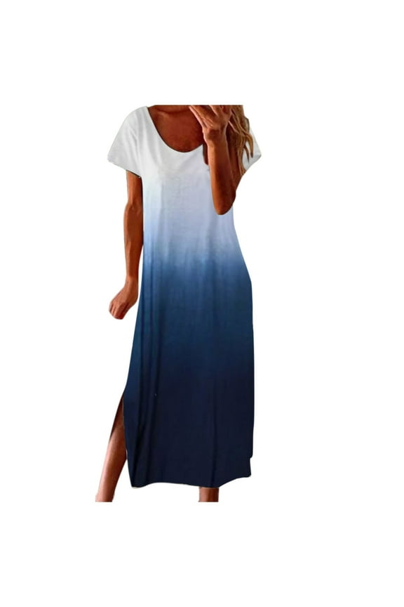 Dyegold Sundresses for Women Casual Beach - Women Tunic Dresses Round Neck Short Sleeve Ombre Gradient Maxi Sundress Summer Flare Long Bridesmaid Shirt Dresses
