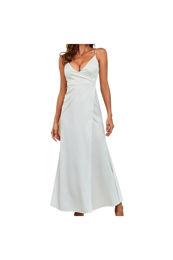 Dyegold Sundresses for Women Casual Beach - Women's Formal Dresses V Neck Sleeveless White Spaghetti Strap Maxi Long Sundress Elegant Formal Club Cocktail Dress